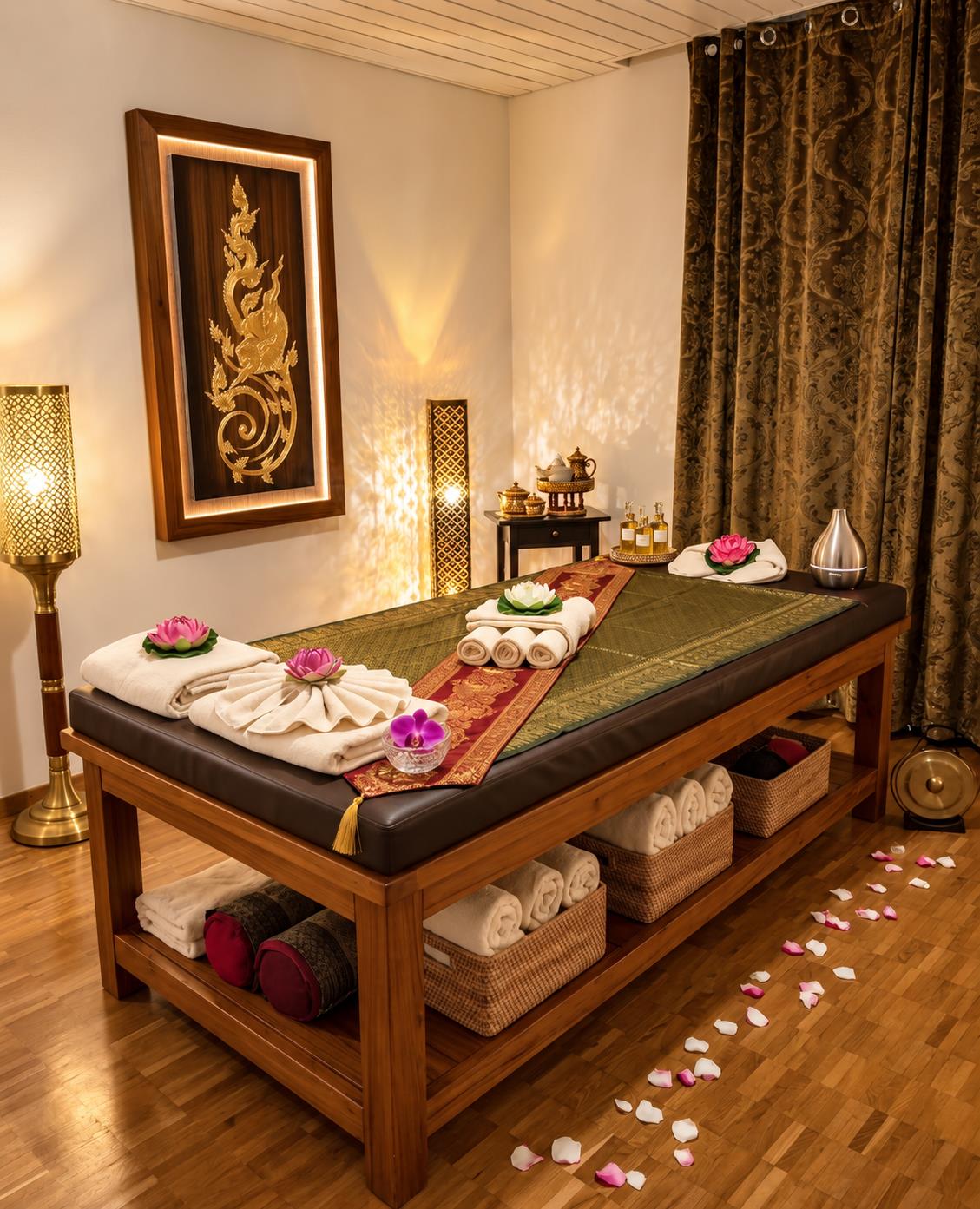 Massageliege mit Blüten und Handtüchern