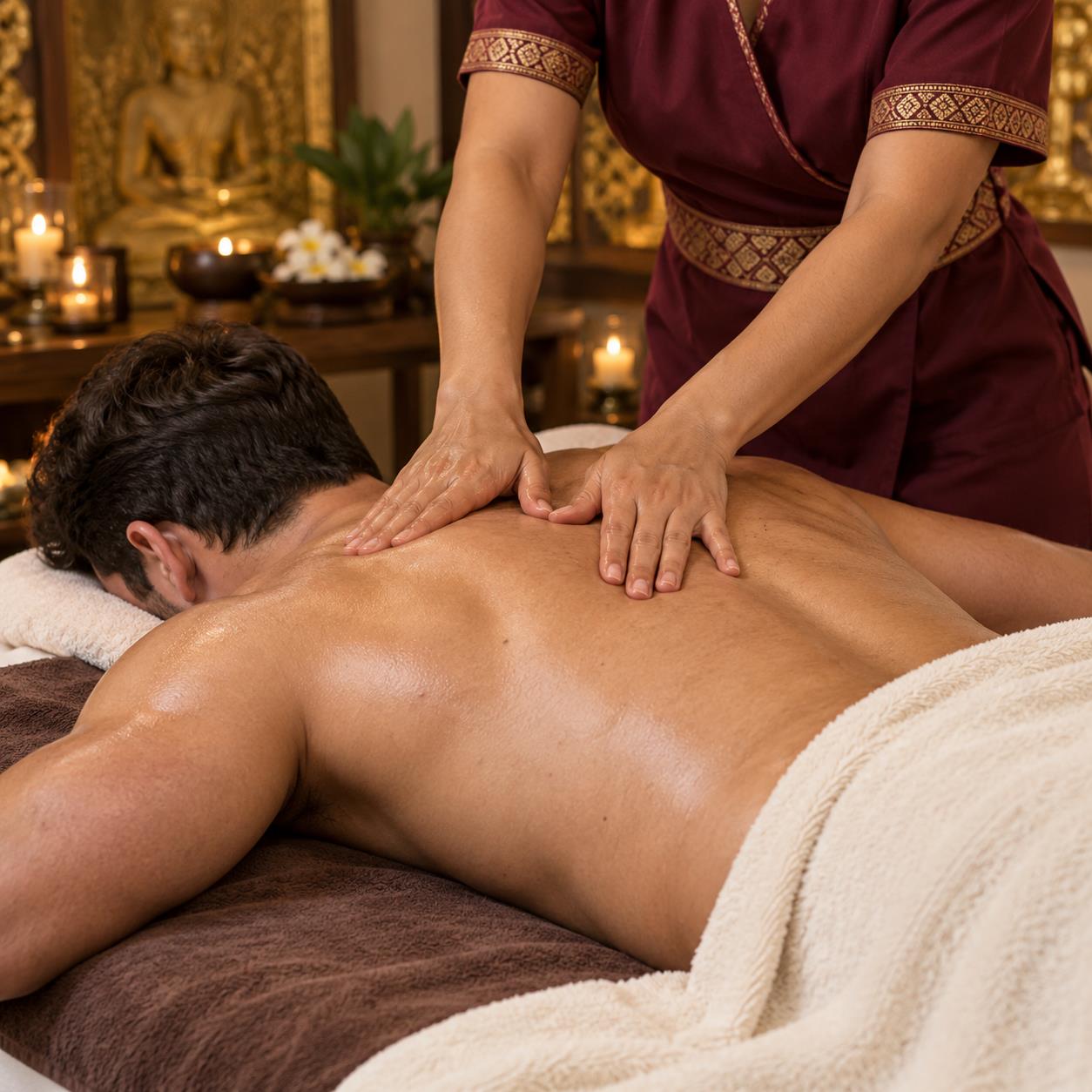 Professionelle Rückenmassage für einen männlichen Gast